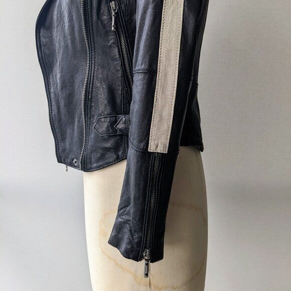 BCBG Max Azria Two-Tone Leather Biker/Moto Jacket - Black & Cream - Picture 5 of 8